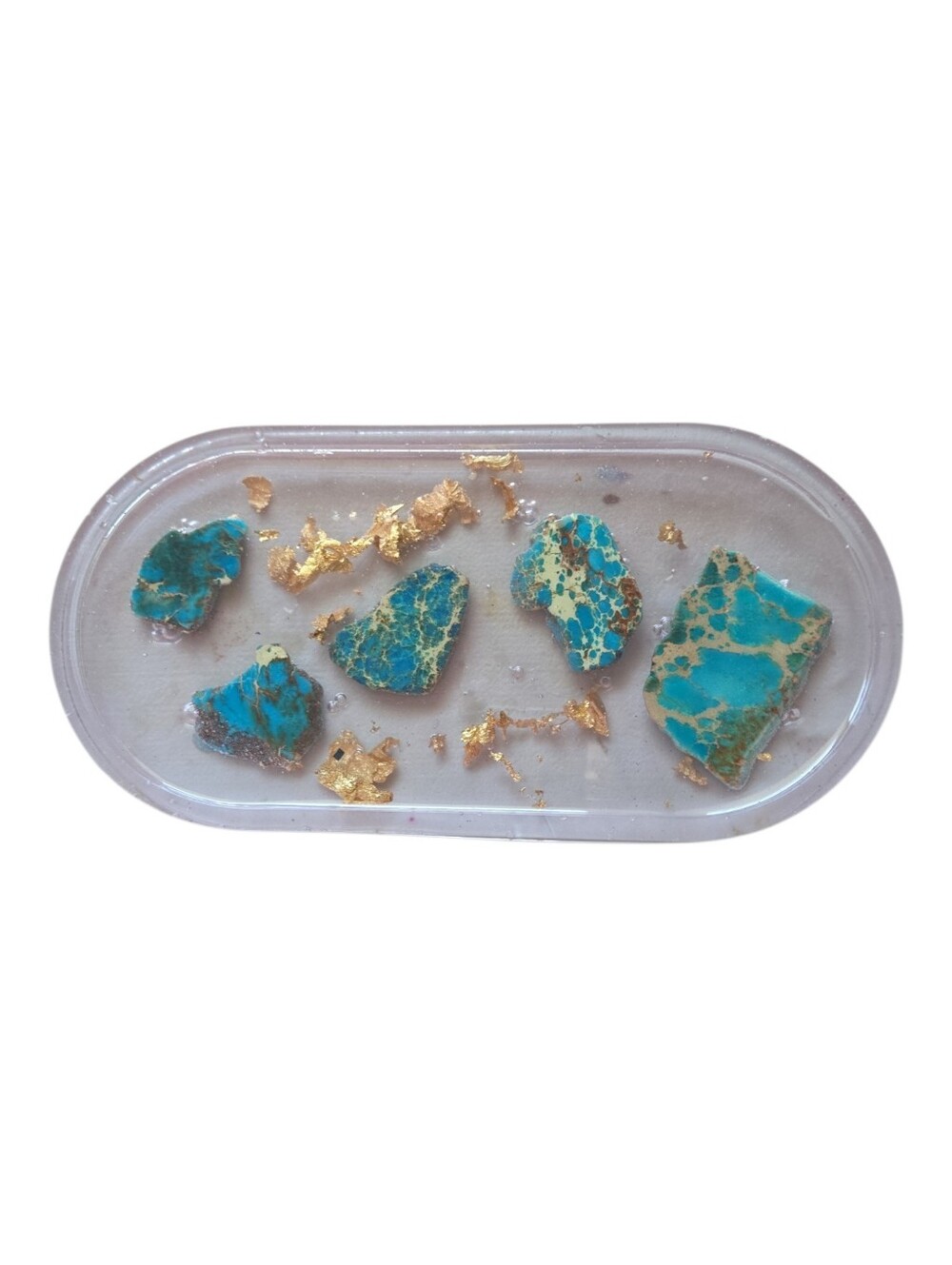 Handmade Resin Trinket Tray with Turquoise Stones & Gold Flake Accents